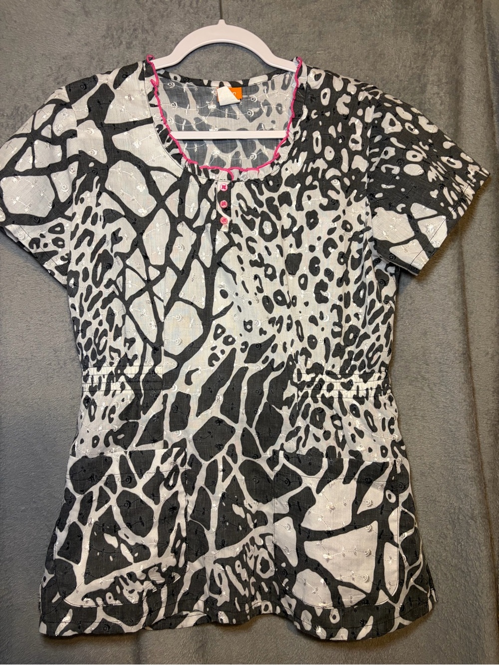 Barco Uniforms Black and White Abstract Print Tunic with Pink Trim